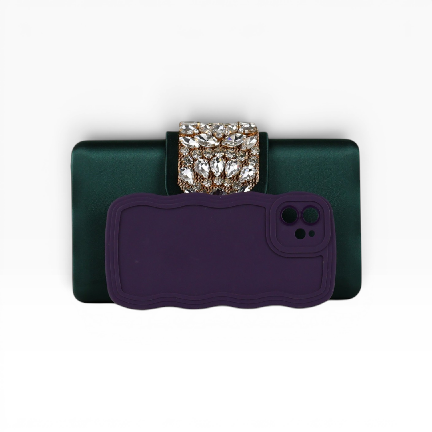 Bolsa Clutch Festa Cetim e Fecho de Pedraria Verde