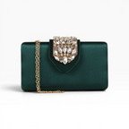 Bolsa Clutch Festa Cetim e Fecho de Pedraria Verde