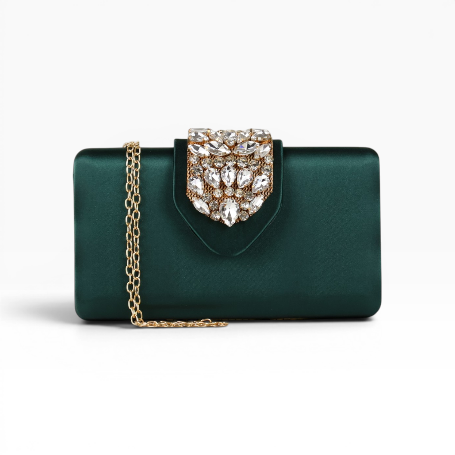 Bolsa Clutch Festa Cetim e Fecho de Pedraria Verde