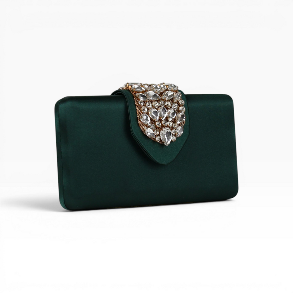 Bolsa Clutch Festa Cetim e Fecho de Pedraria Verde