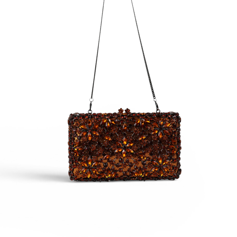 Bolsa Festa Clutch Pedraria Strass Laranja Marrom Âmbar