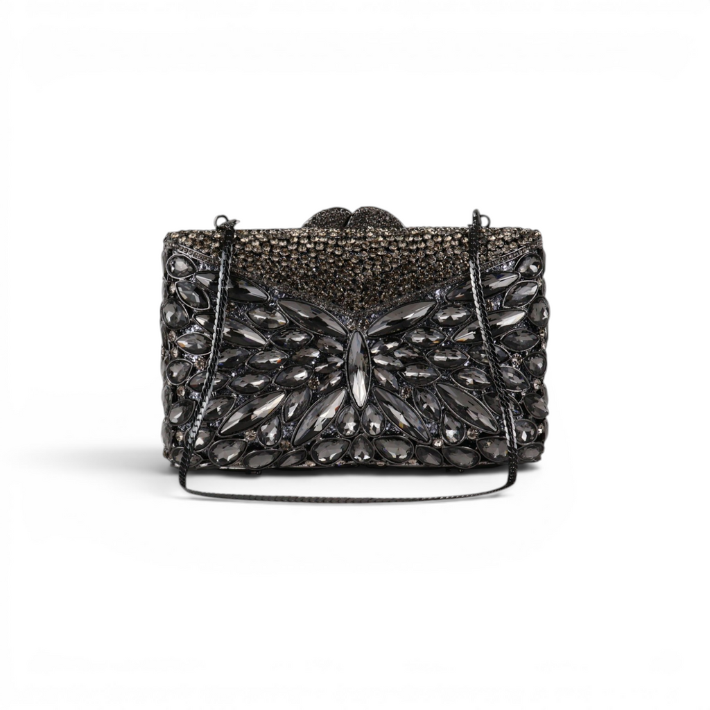 Bolsa Festa Clutch Pedraria Strass Prata Escuro