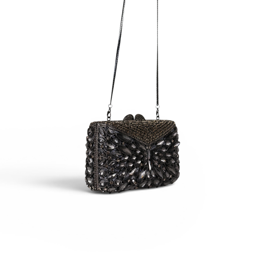 Bolsa Festa Clutch Pedraria Strass Prata Escuro