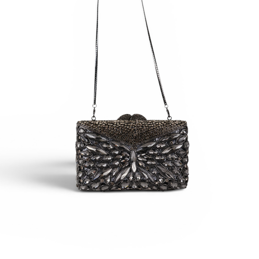 Bolsa Festa Clutch Pedraria Strass Prata Escuro