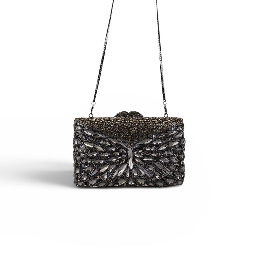 Bolsa Festa Clutch Pedraria Strass Prata Escuro