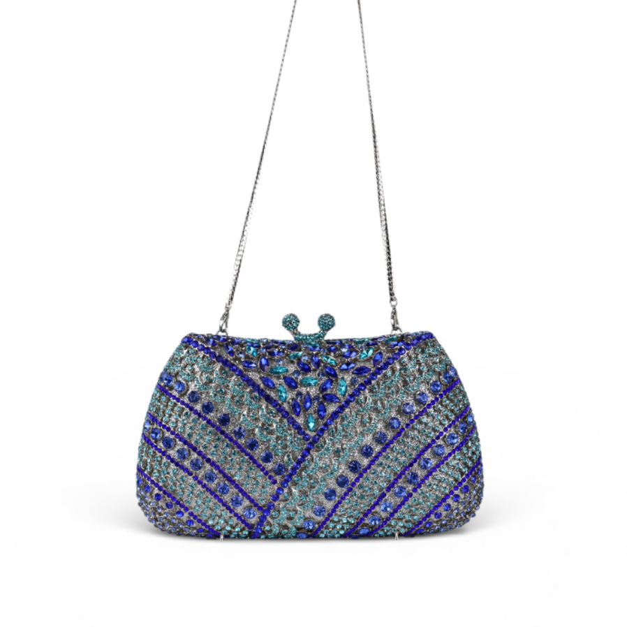 Bolsa Festa Clutch Pedraria Strass Azul e Turquesa