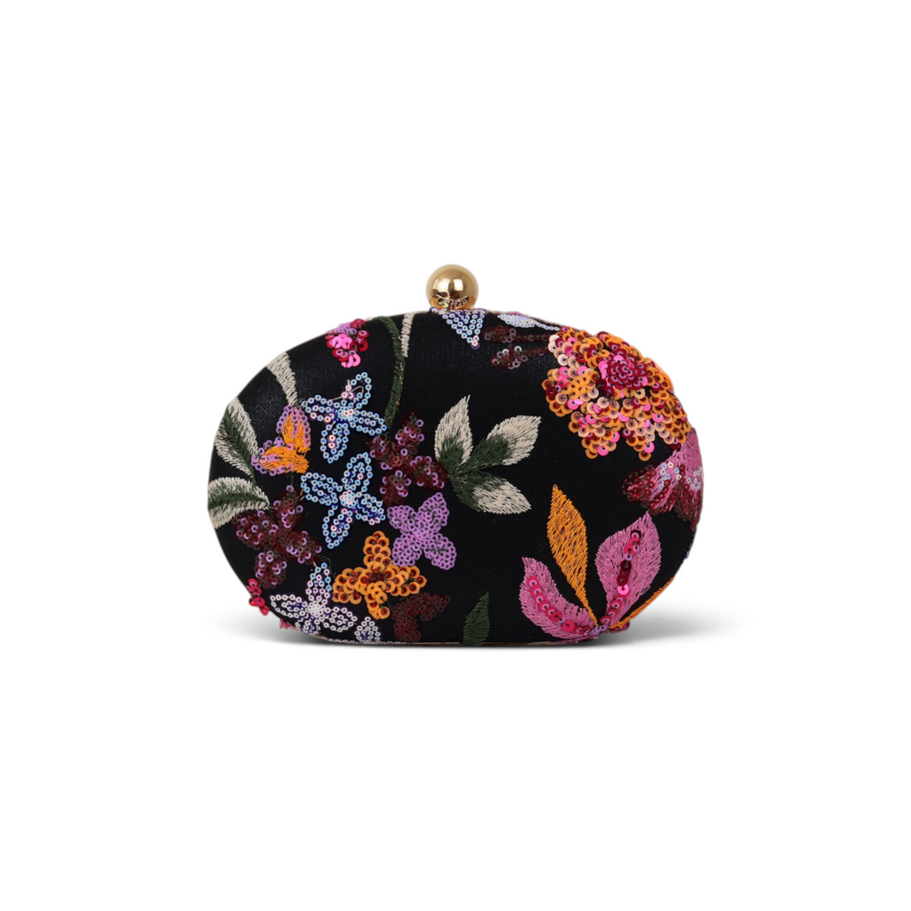 Bolsa Clutch Festa Bordada Flores Oval Preta