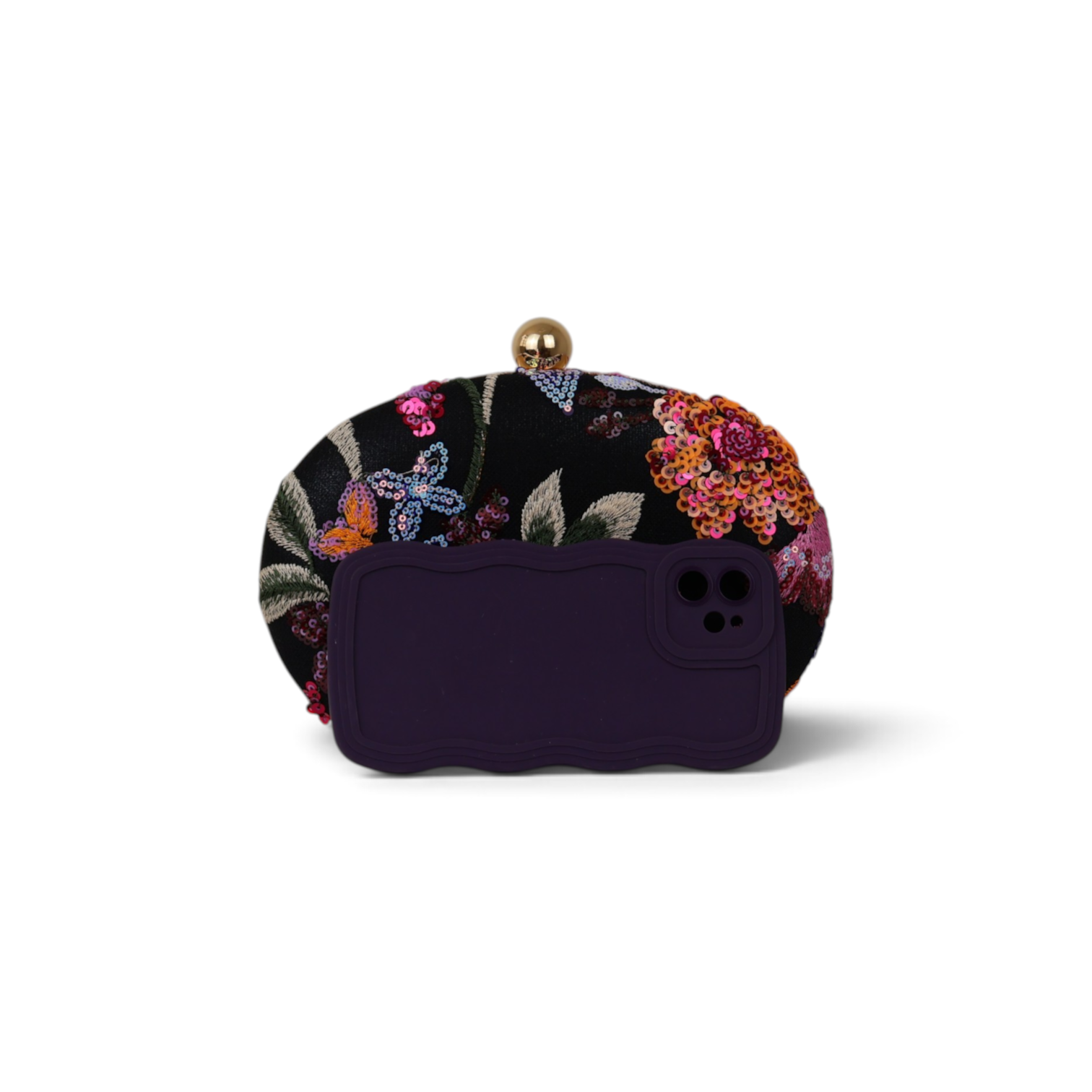 Bolsa Clutch Festa Bordada Flores Oval Preta