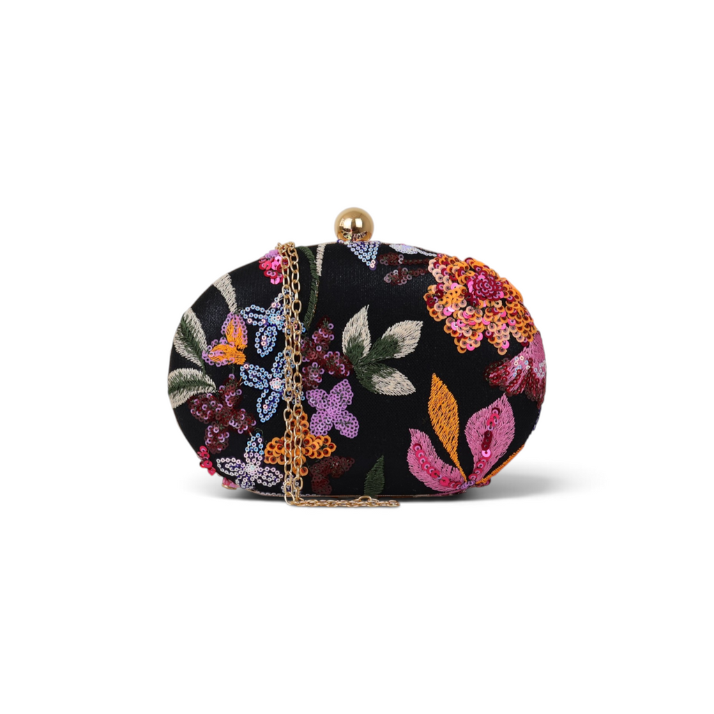 Bolsa Clutch Festa Bordada Flores Oval Preta