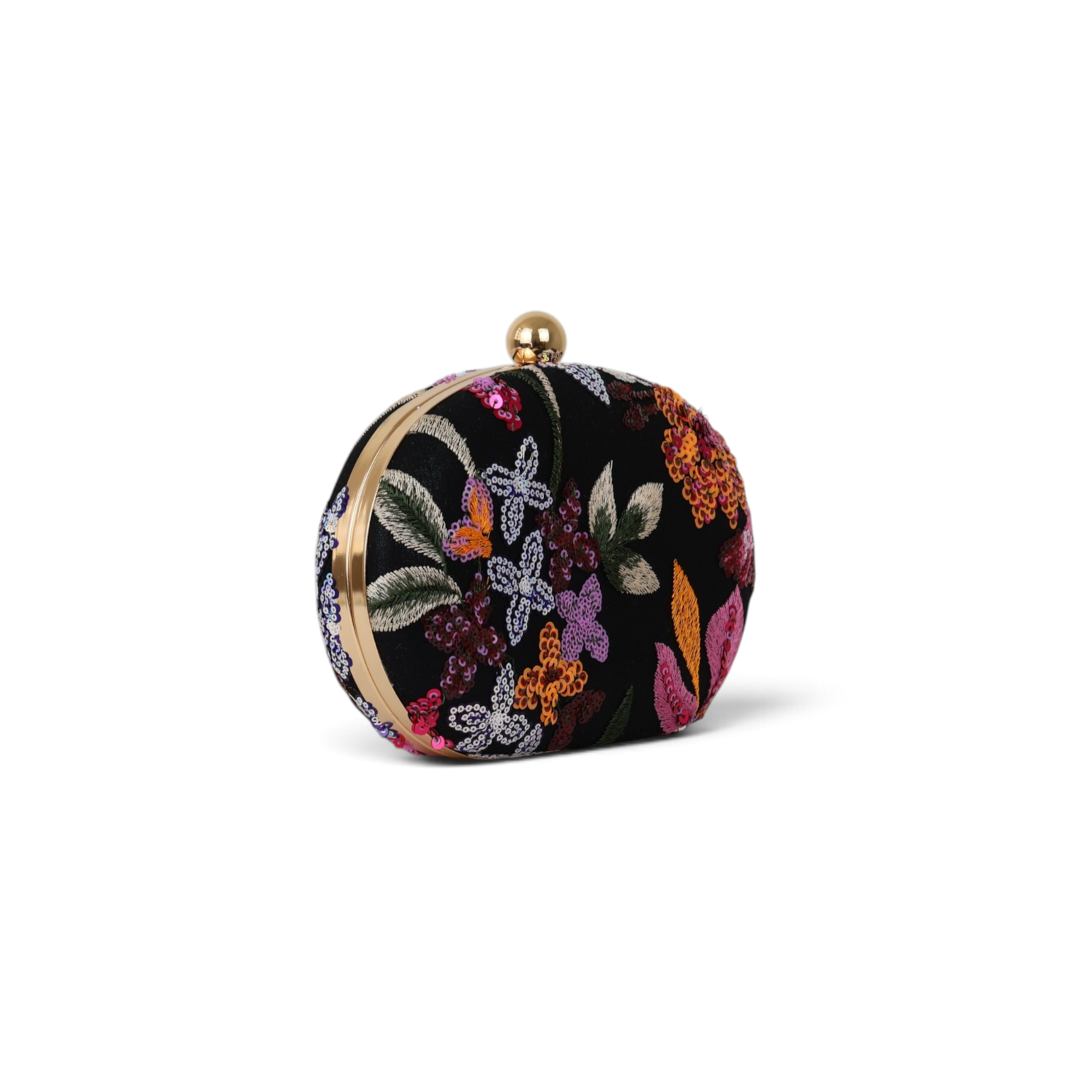 Bolsa Clutch Festa Bordada Flores Oval Preta