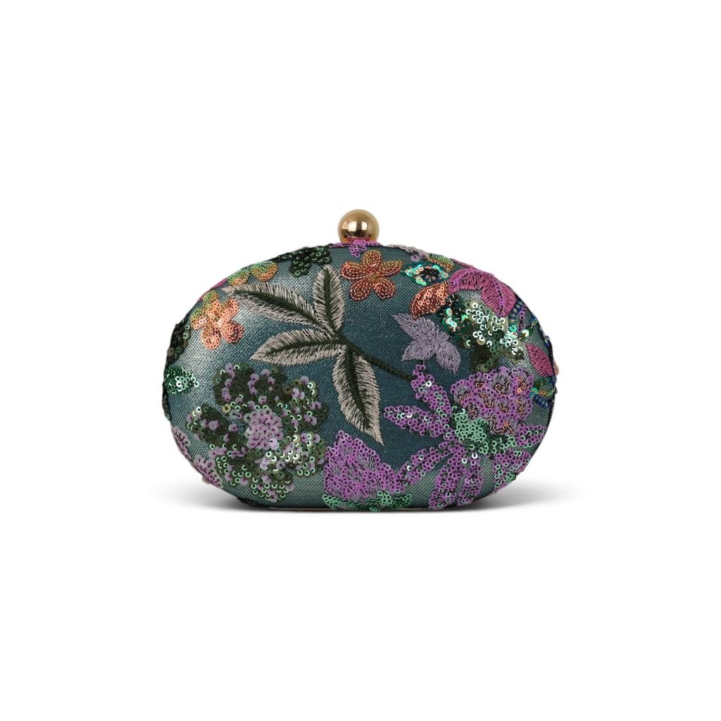 Bolsa Clutch Festa Oval Bordada Flores Verde