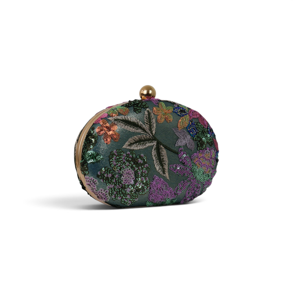 Bolsa Clutch Festa Oval Bordada Flores Verde