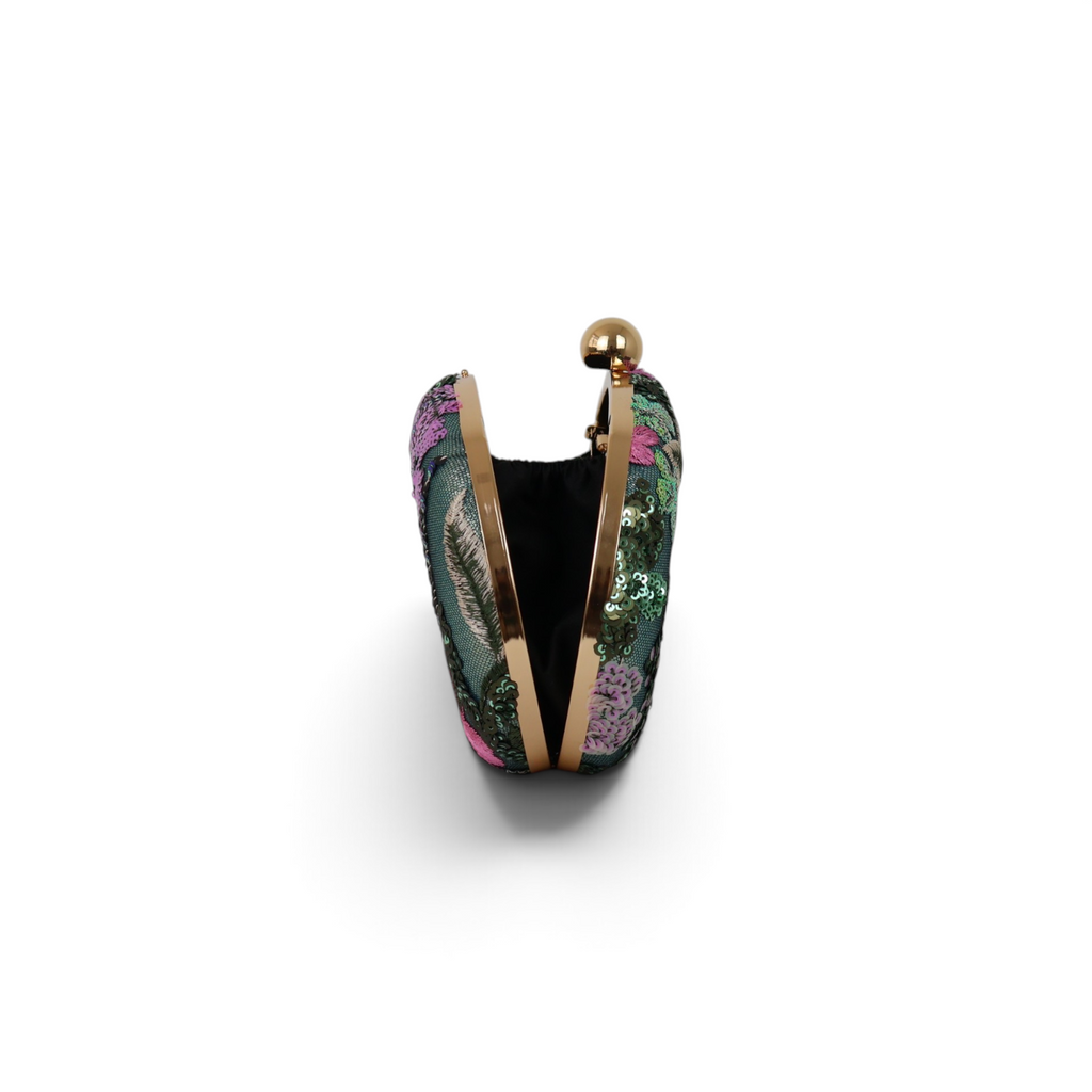 Bolsa Clutch Festa Oval Bordada Flores Verde