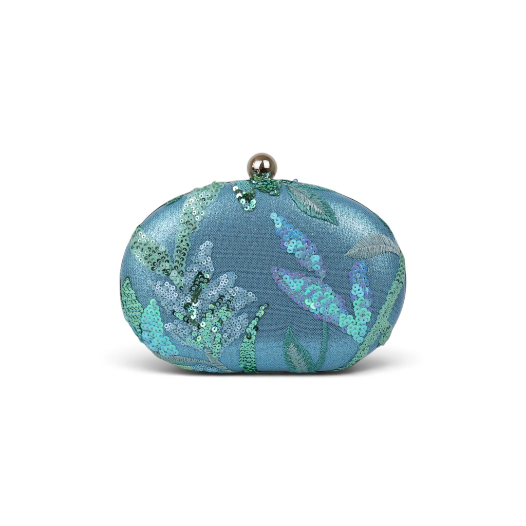 Bolsa Clutch Festa Oval Bordada Flores Turquesa