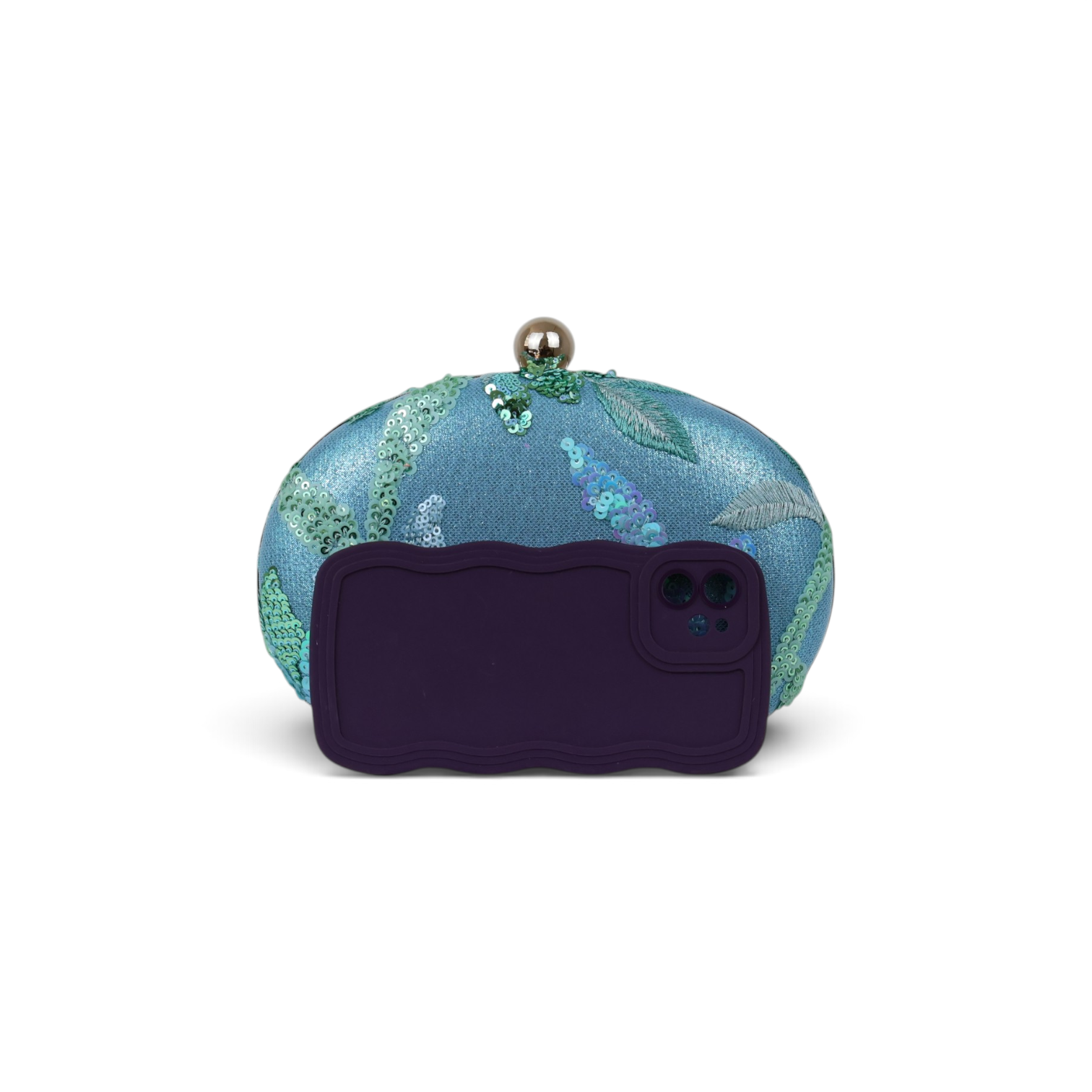 Bolsa Clutch Festa Oval Bordada Flores Turquesa