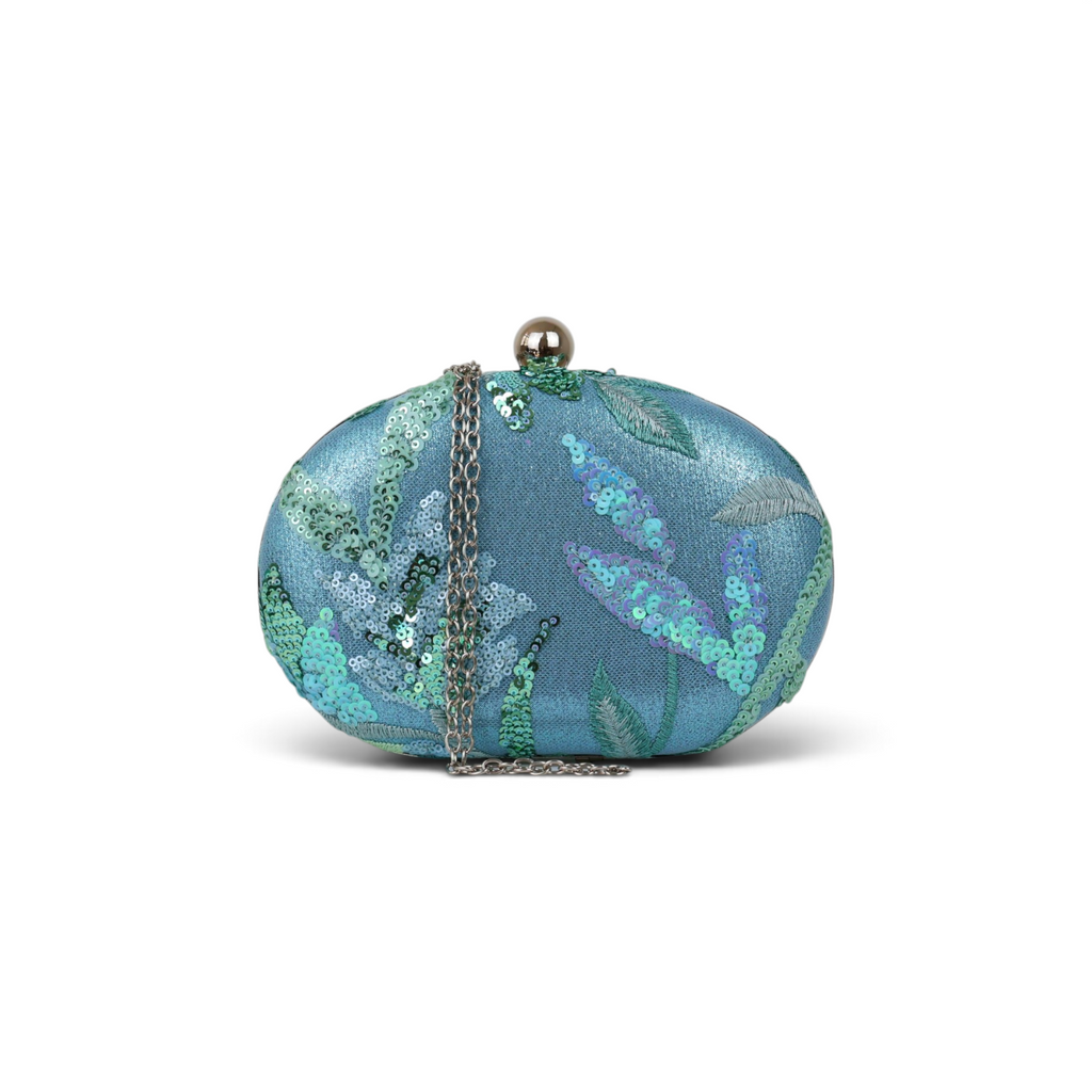 Bolsa Clutch Festa Oval Bordada Flores Turquesa