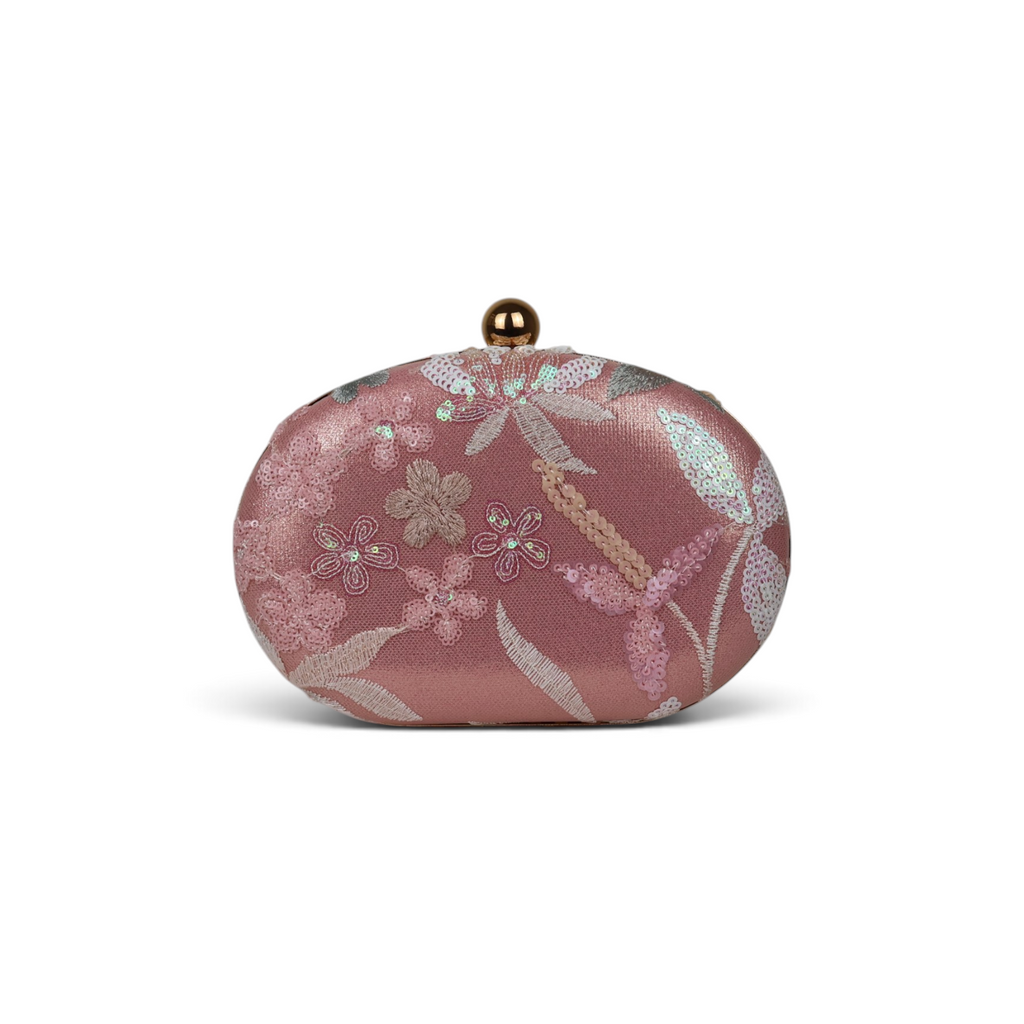 Bolsa Clutch Festa Oval Bordada Flores Rosa