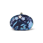 Bolsa Clutch Festa Oval Bordada Flores Azul Marinho