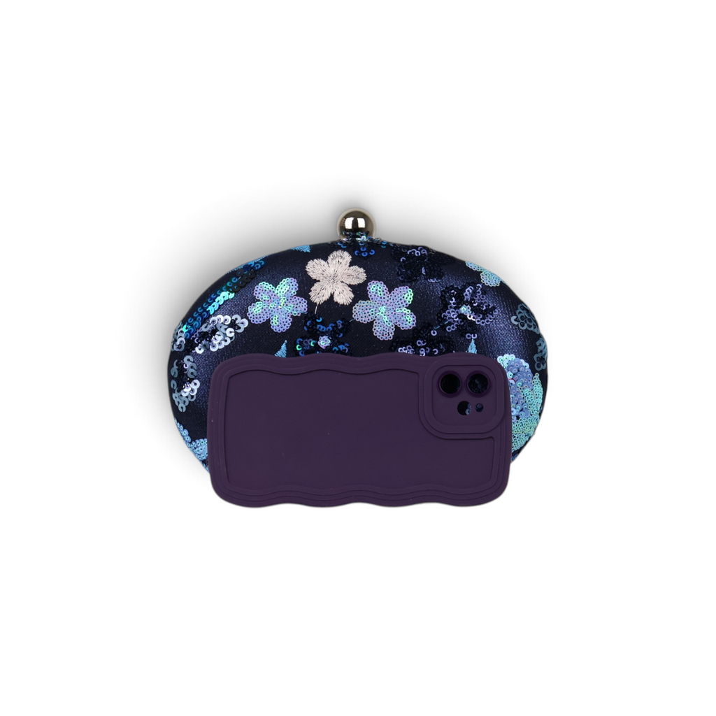 Bolsa Clutch Festa Oval Bordada Flores Azul Marinho