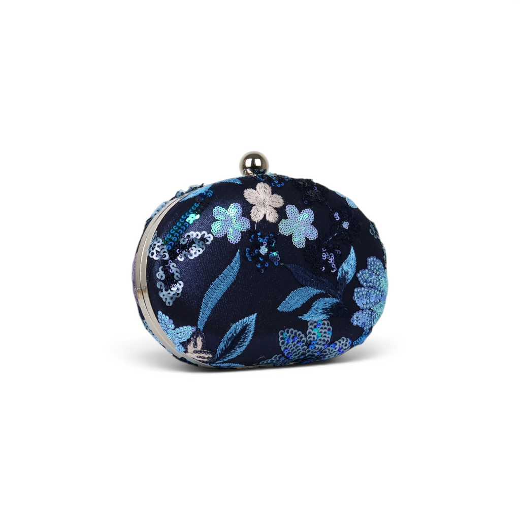 Bolsa Clutch Festa Oval Bordada Flores Azul Marinho