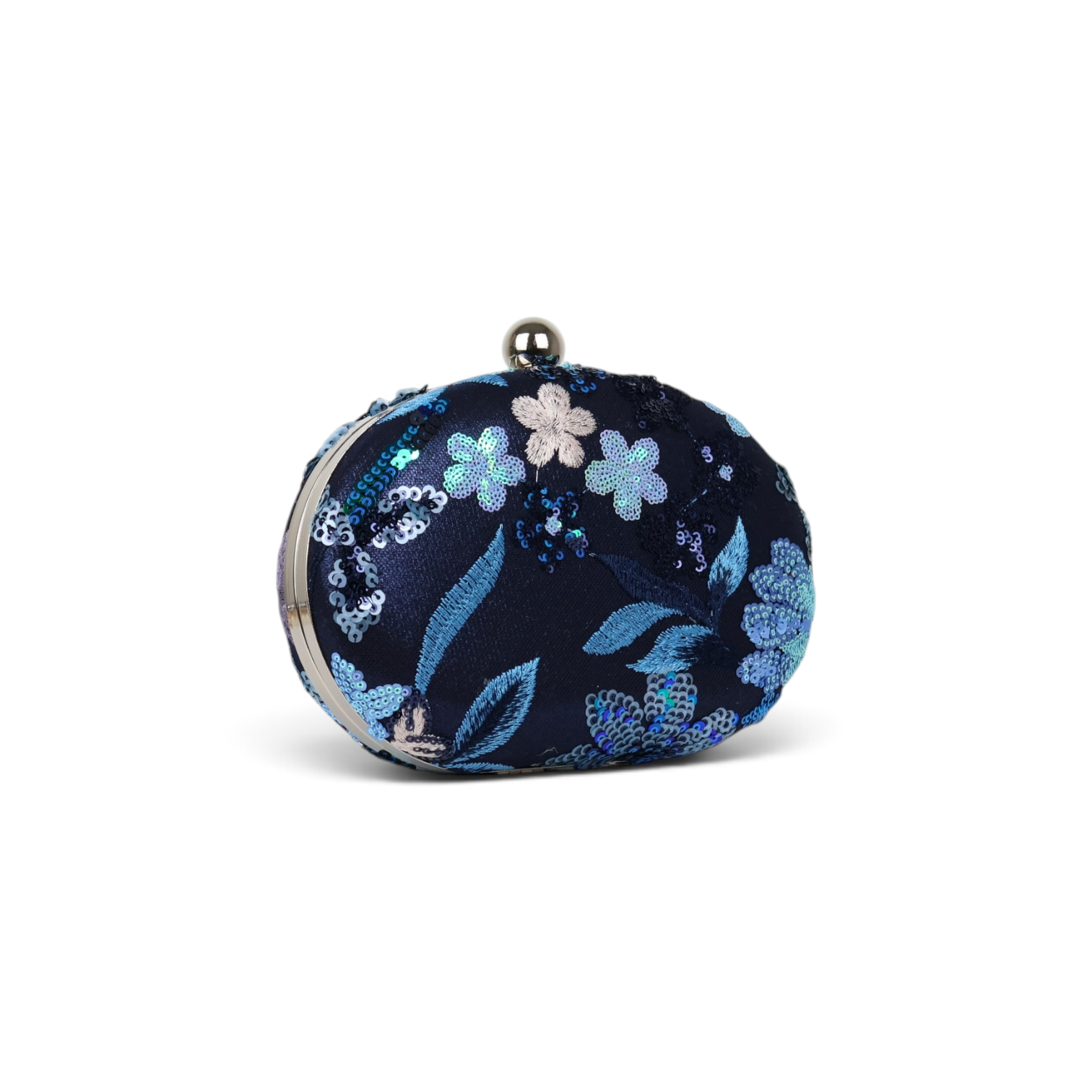 Bolsa Clutch Festa Oval Bordada Flores Azul Marinho