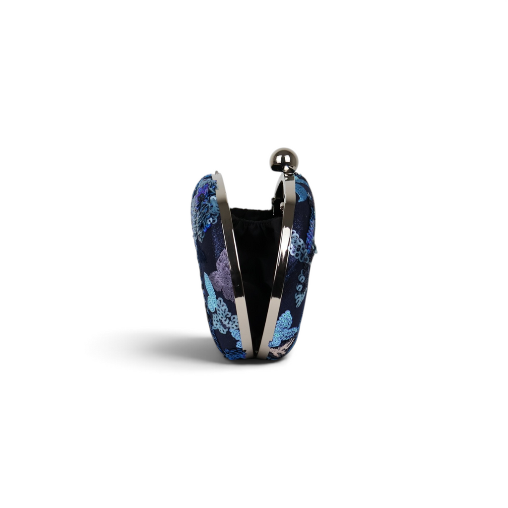 Bolsa Clutch Festa Oval Bordada Flores Azul Marinho