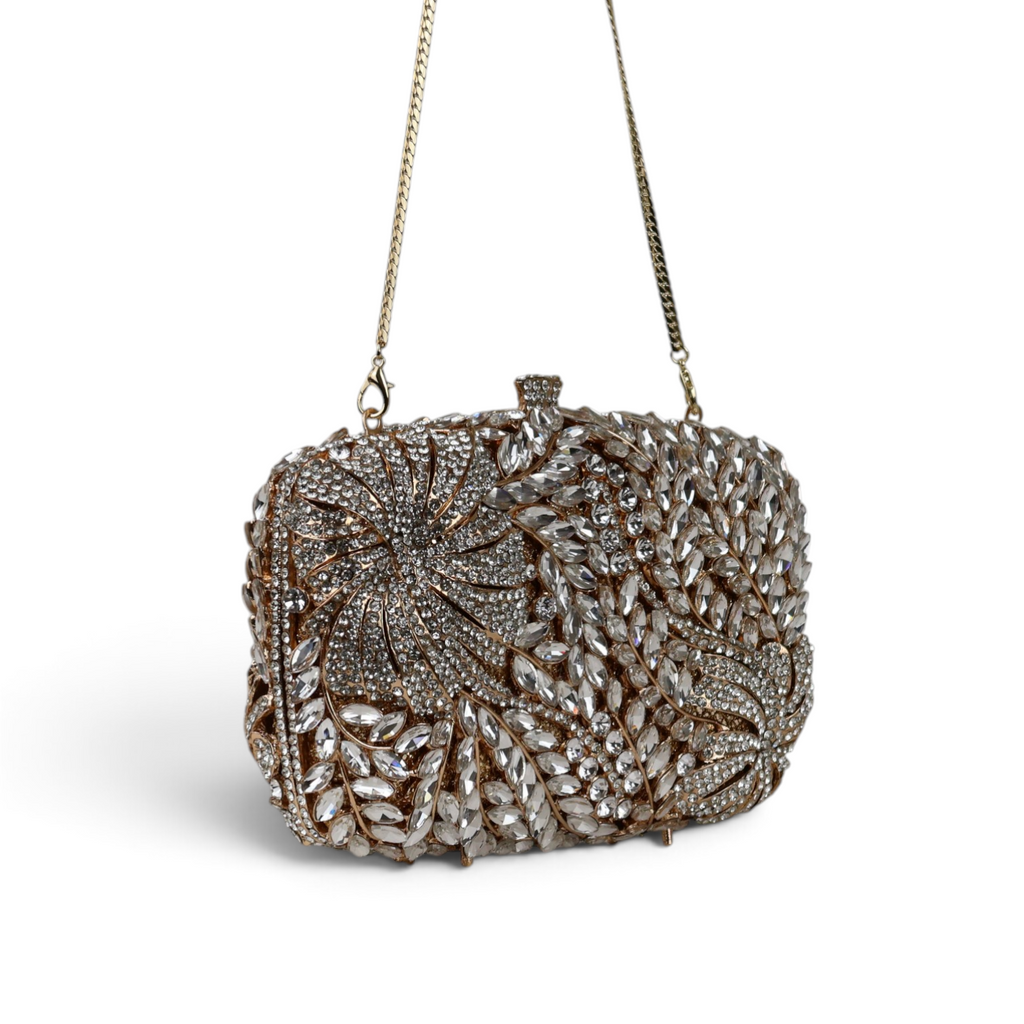 Bolsa Festa Clutch Pedraria Strass Dourada Cristais