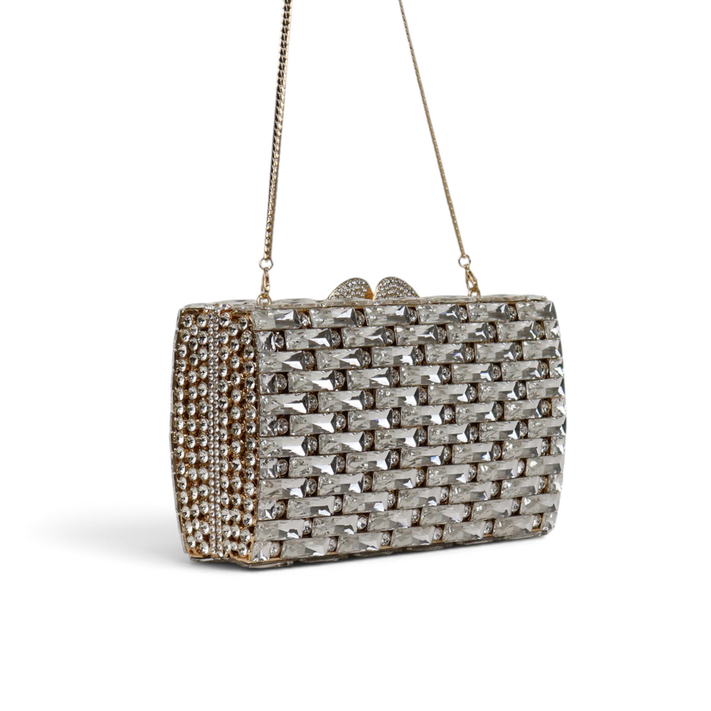 Bolsa Festa Clutch Pedraria Strass Dourada Cristais