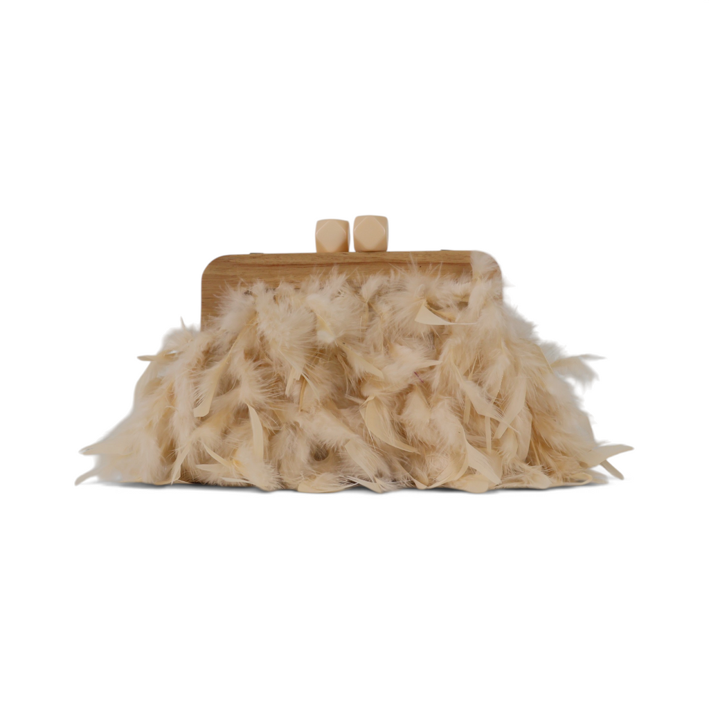 Bolsa de Festa Clutch Madeira e Plumas Sintéticas Bege