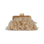 Bolsa de Festa Clutch Madeira e Plumas Sintéticas Bege