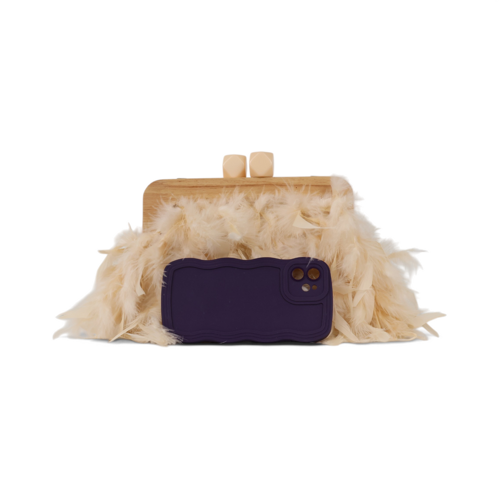 Bolsa de Festa Clutch Madeira e Plumas Sintéticas Bege