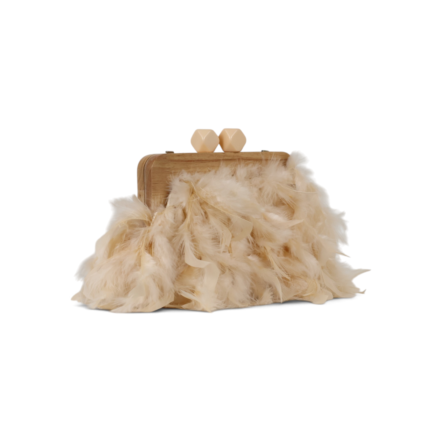 Bolsa de Festa Clutch Madeira e Plumas Sintéticas Bege