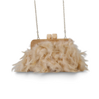Bolsa de Festa Clutch Madeira e Plumas Sintéticas Bege