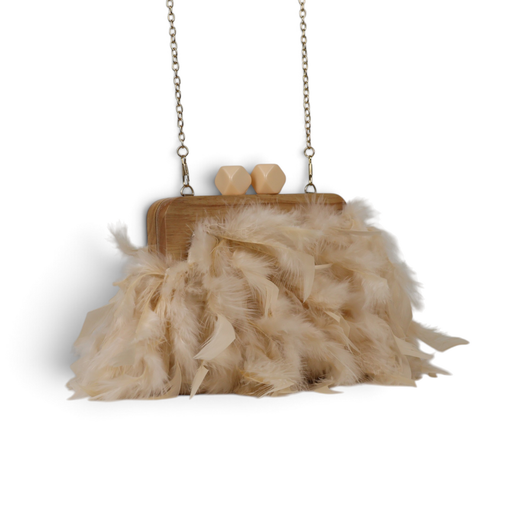 Bolsa de Festa Clutch Madeira e Plumas Sintéticas Bege