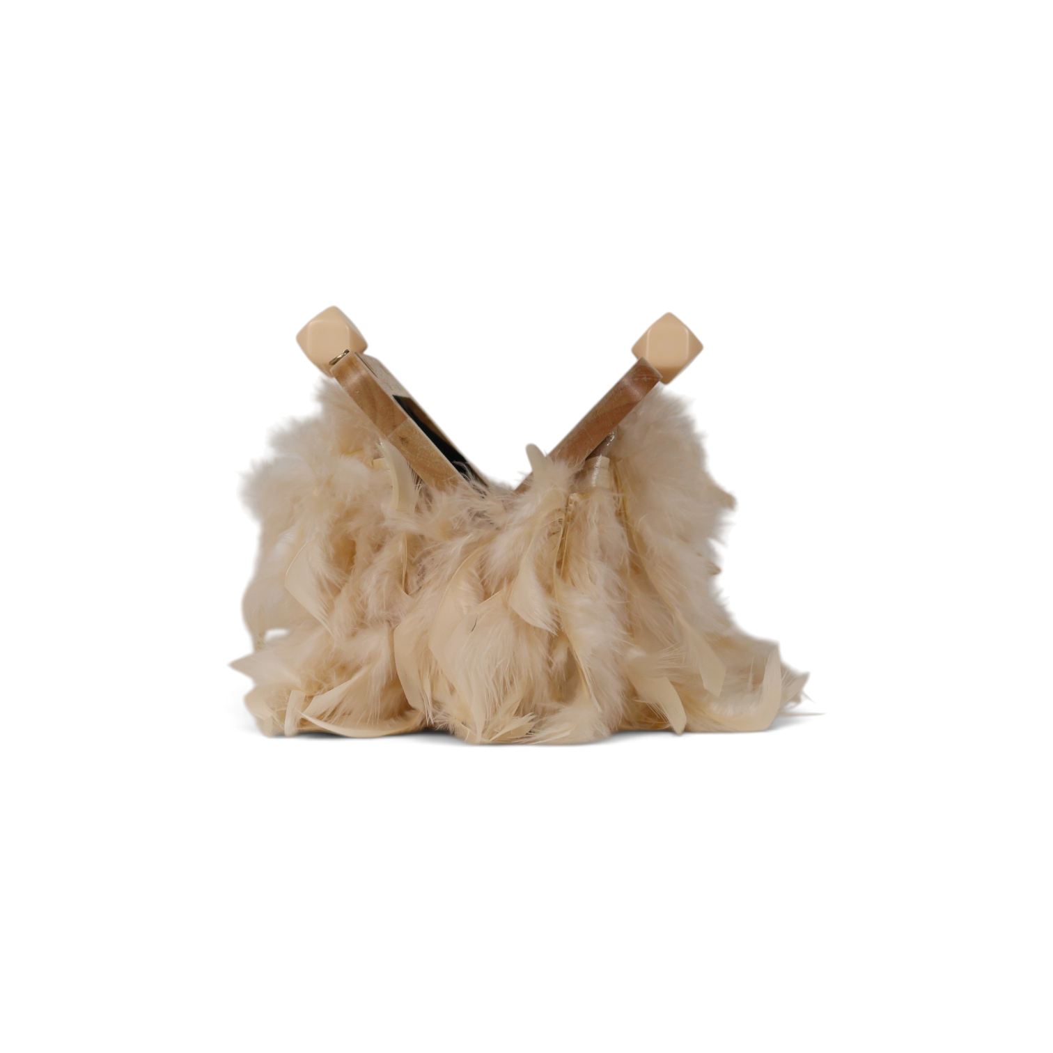 Bolsa de Festa Clutch Madeira e Plumas Sintéticas Bege