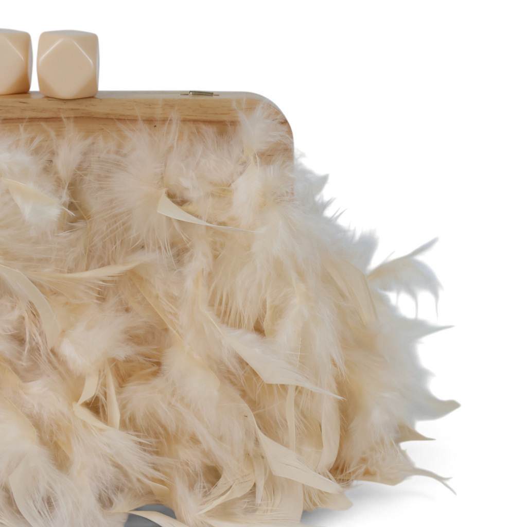 Bolsa de Festa Clutch Madeira e Plumas Sintéticas Bege