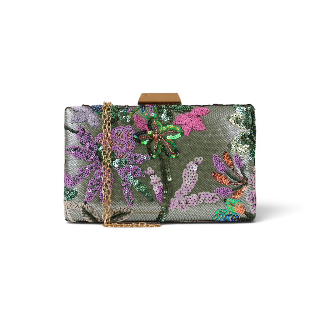 Bolsa Clutch Festa Bordada Flores Verde