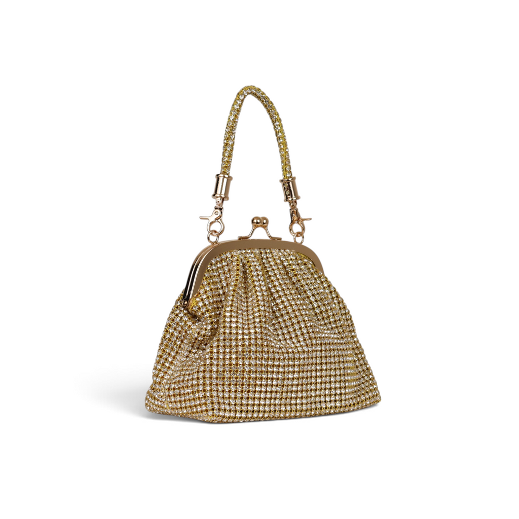 Bolsa Tranversal de Mão Pouch Strass Dourada Claro