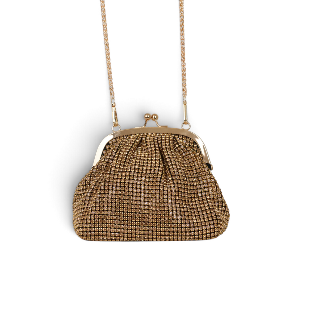 Bolsa Tranversal de Mão Pouch Strass Dourada