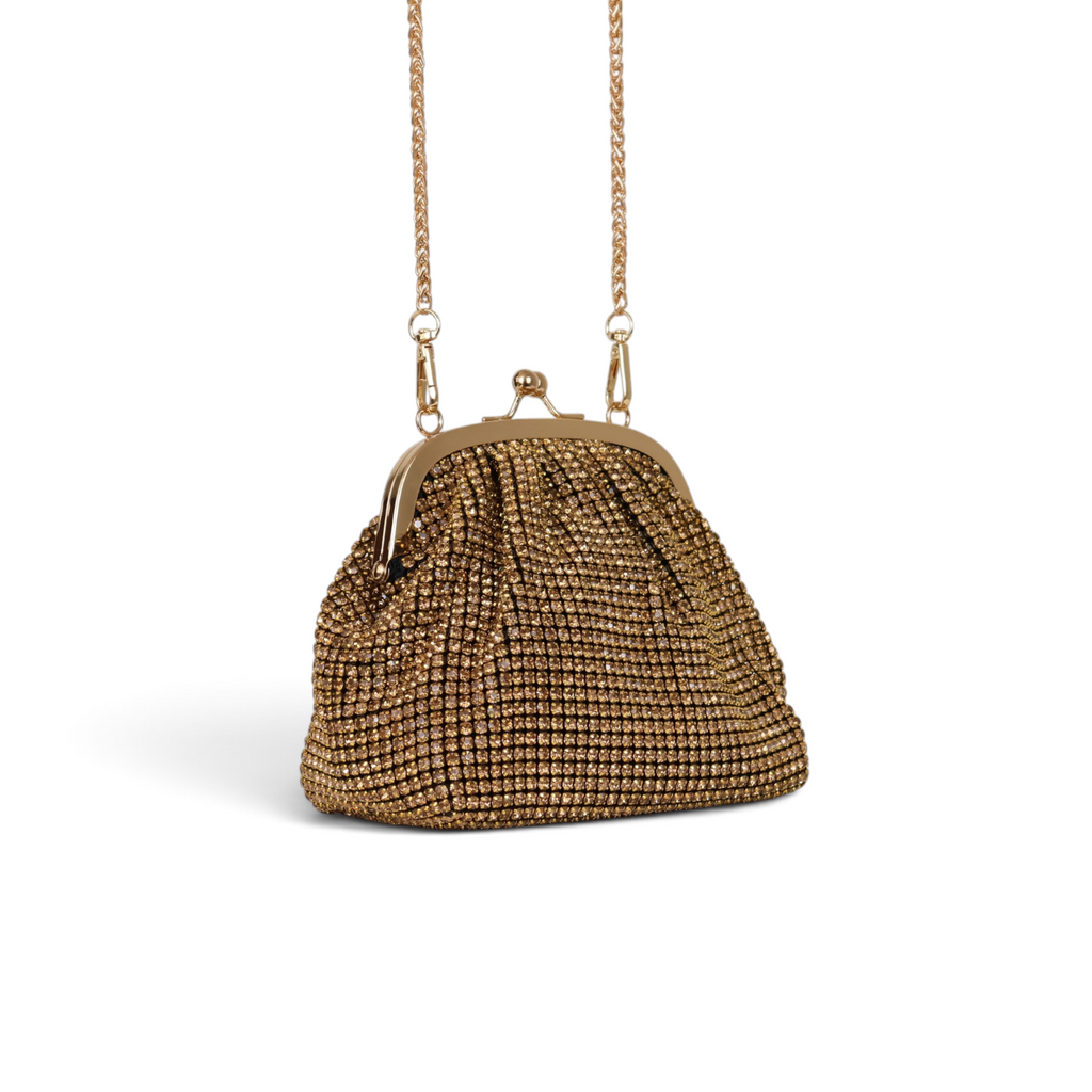 Bolsa Tranversal de Mão Pouch Strass Dourada