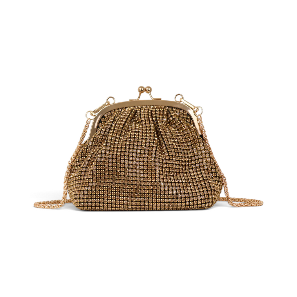 Bolsa Tranversal de Mão Pouch Strass Dourada