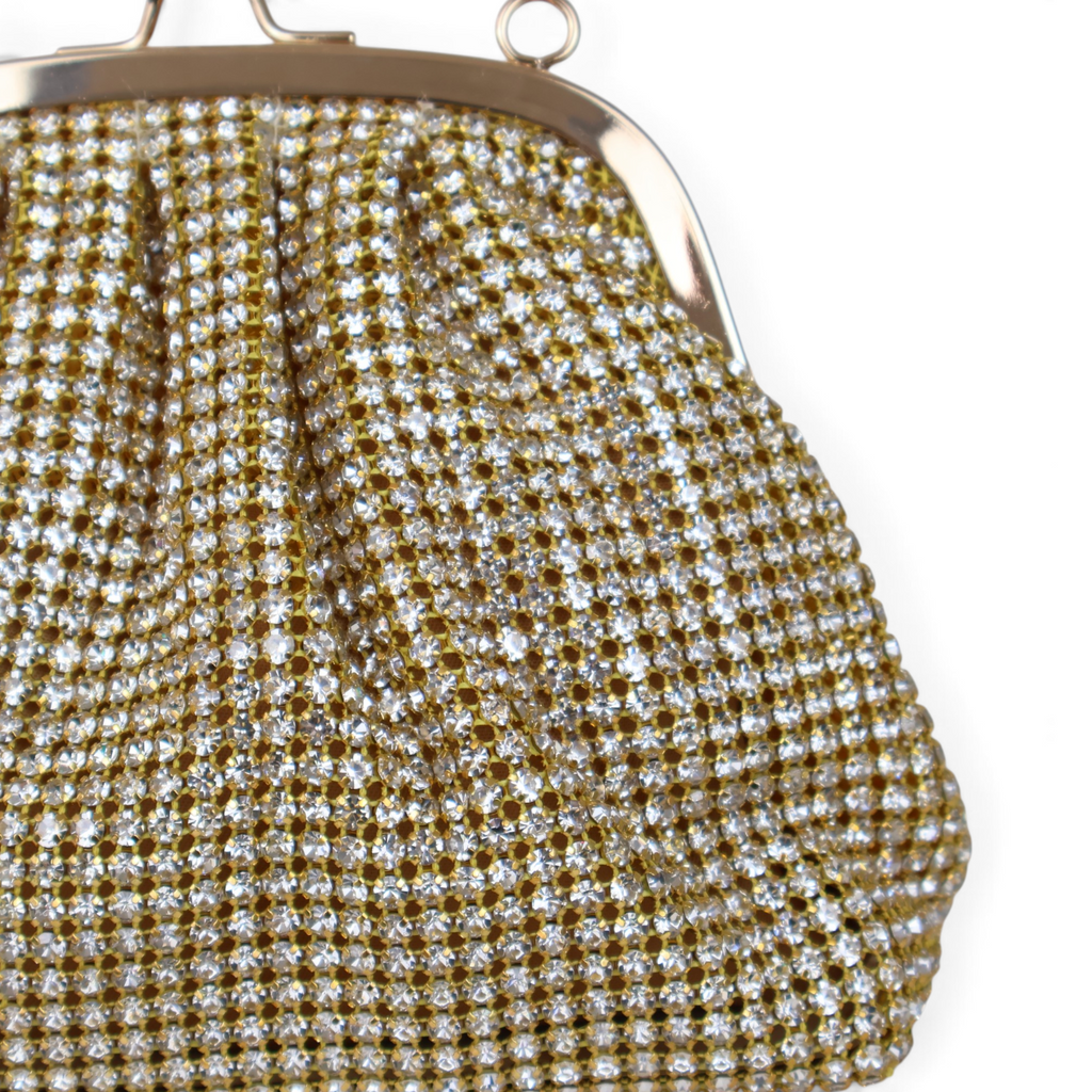 Bolsa Tranversal de Mão Pouch Strass Dourada Claro