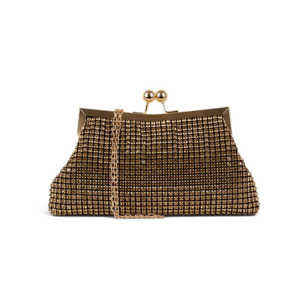 Bolsa Transversal de Mão Pouch Strass Dourada