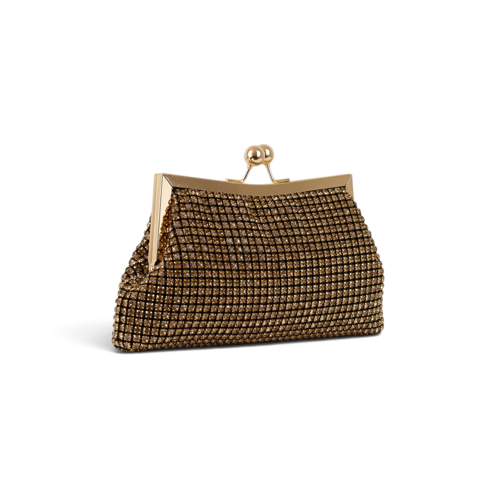 Bolsa Transversal de Mão Pouch Strass Dourada