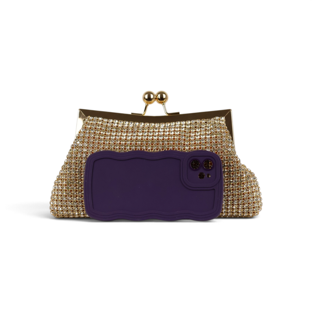 Bolsa Transversal de Mão Pouch Strass Dourado Claro