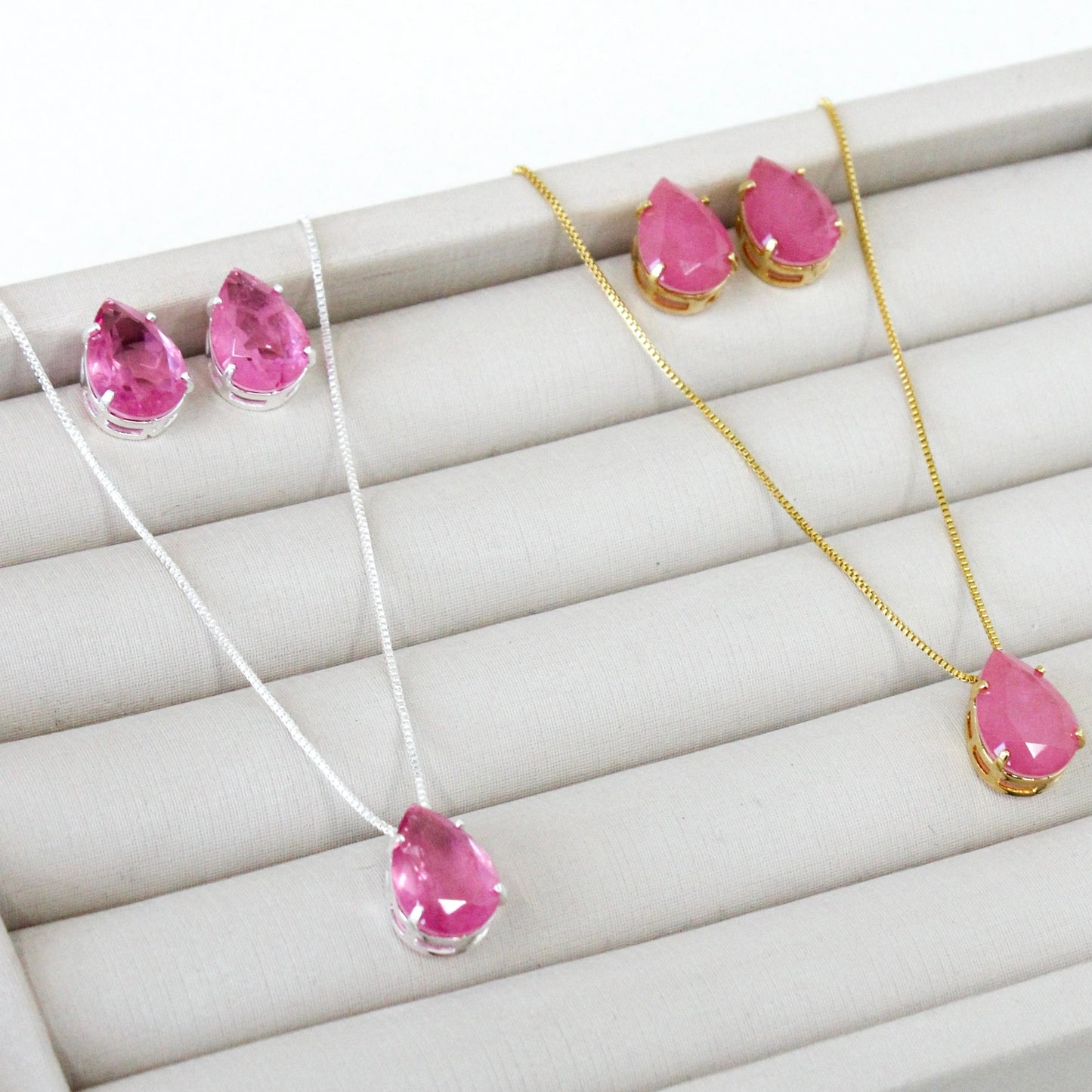 Kit Colar e Brinco Gota Fusion - Rosa - Dourado