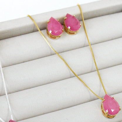 Kit Colar e Brinco Gota Fusion - Rosa - Dourado