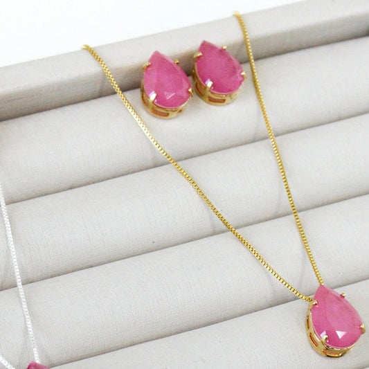 Kit Colar e Brinco Gota Fusion - Rosa - Dourado