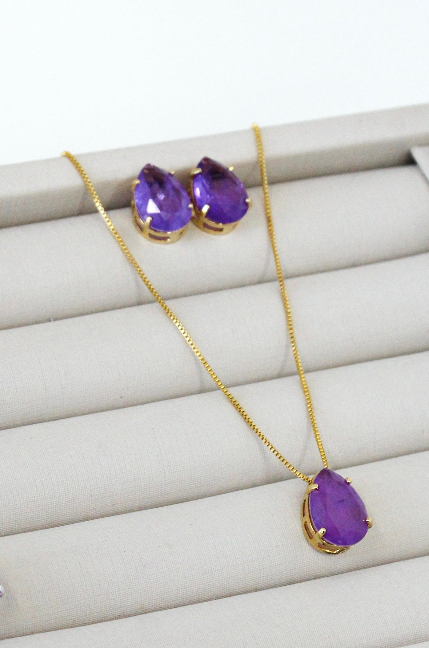 Kit Colar e Brinco Gota Fusion - Roxo - Dourado