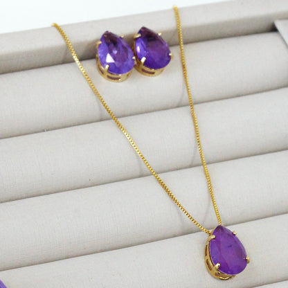 Kit Colar e Brinco Gota Fusion - Roxo - Dourado